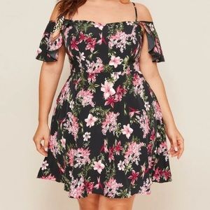 Plus Allover Floral Print Cold Shoulder Dress